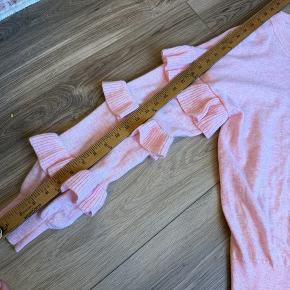 J. Crew Wool Bubblegum Pink Ruffle Sleeve Sweater Crew Neck Size Medium - Picture 6 of 7